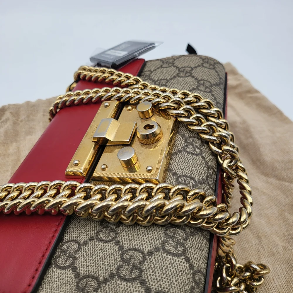 GUCCI GG Supreme Monogram Calfskin Small Padlock Bag Beige Hibiscus Red, W/COA. - Picture 7 of 16
